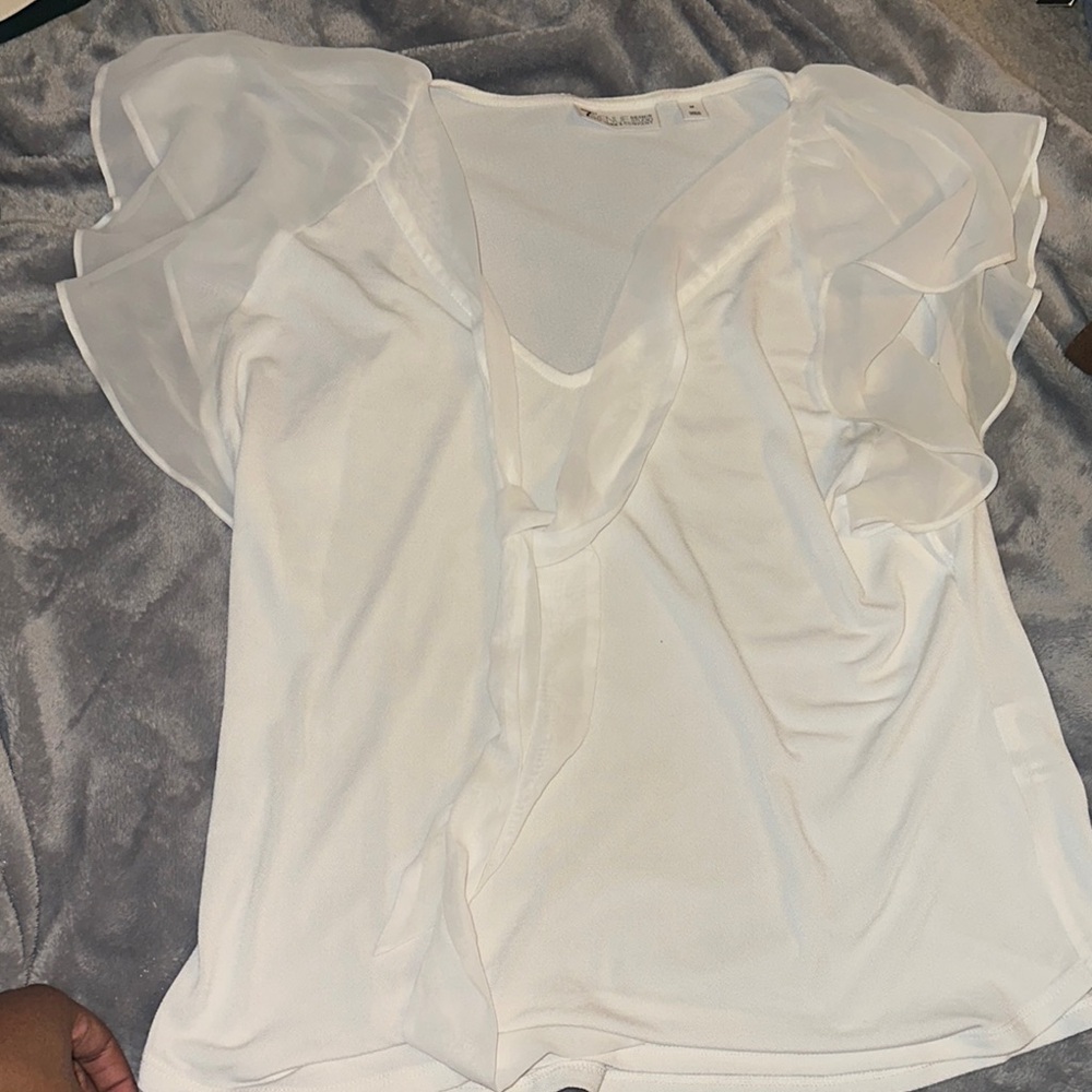 New York & Company White Flutter Sleeve Blouse